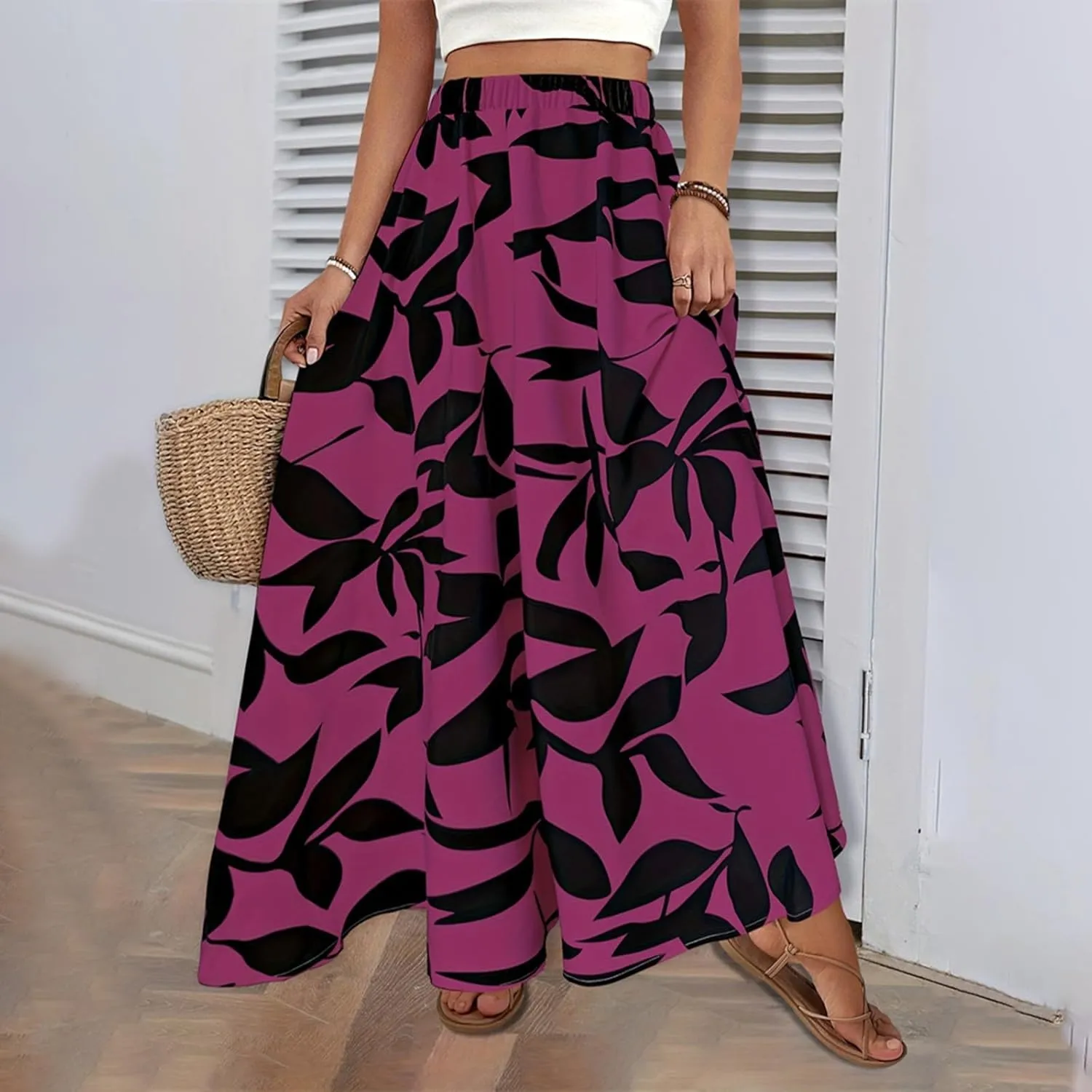 Boho Skirts for Women 2025 Floral Summer Maxi Skirts High Waisted Wrap Pleated Dresses Holiday Vacation Clothes