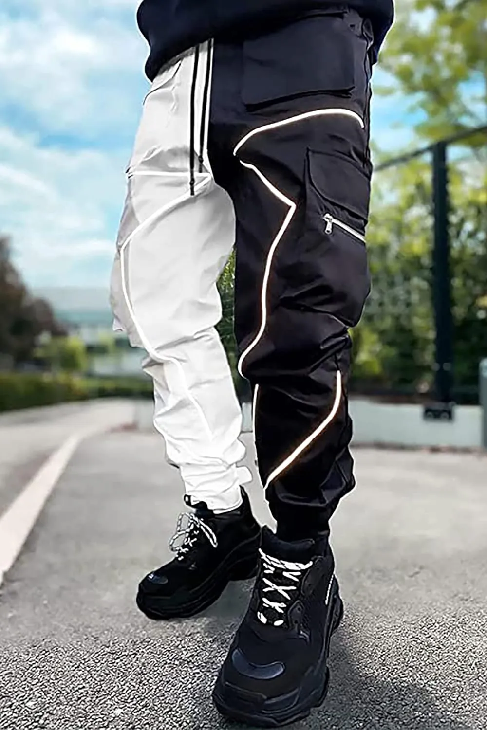 BOOMLEMON Men's Cargo Jogger Pants Reflective Technical Hip Hop Harem Pants Punk Streetwear Tactical Track Pants