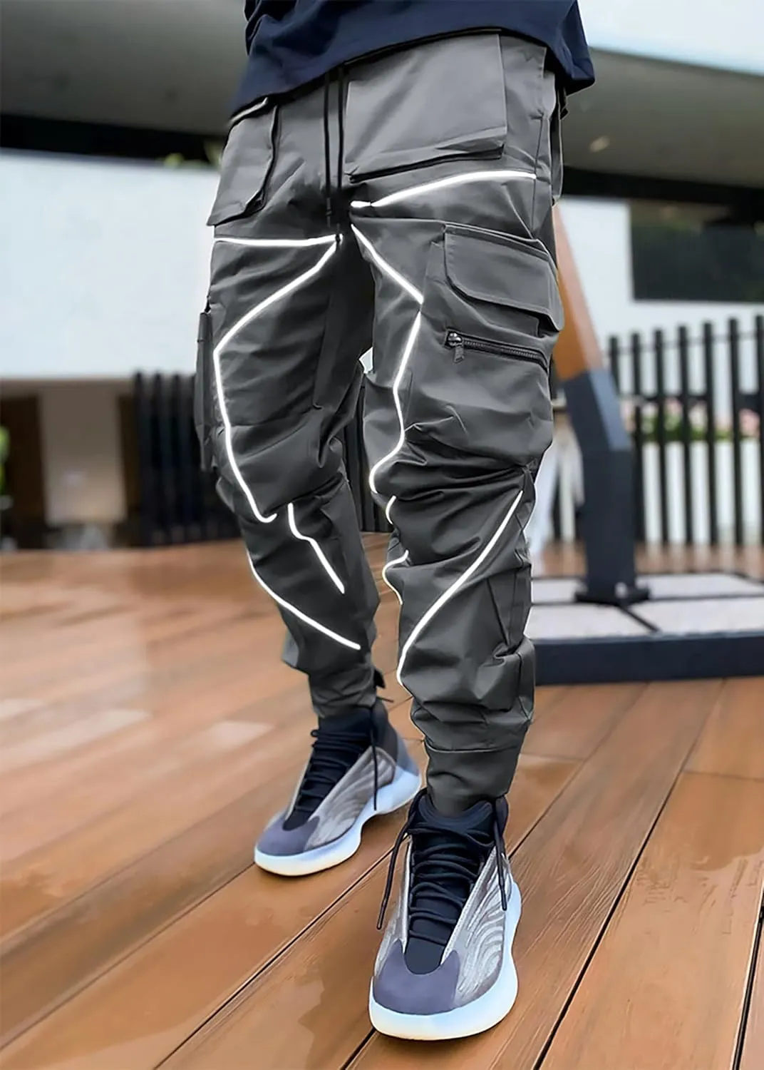 BOOMLEMON Men's Cargo Jogger Pants Reflective Technical Hip Hop Harem Pants Punk Streetwear Tactical Track Pants