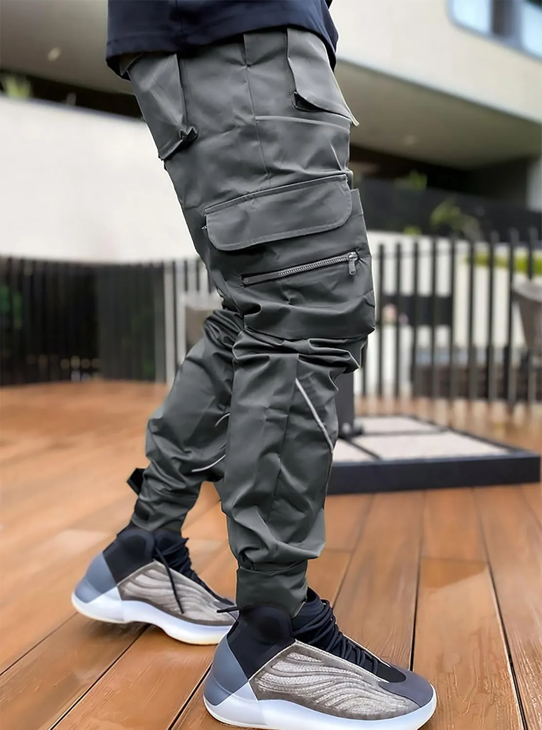 BOOMLEMON Men's Cargo Jogger Pants Reflective Technical Hip Hop Harem Pants Punk Streetwear Tactical Track Pants