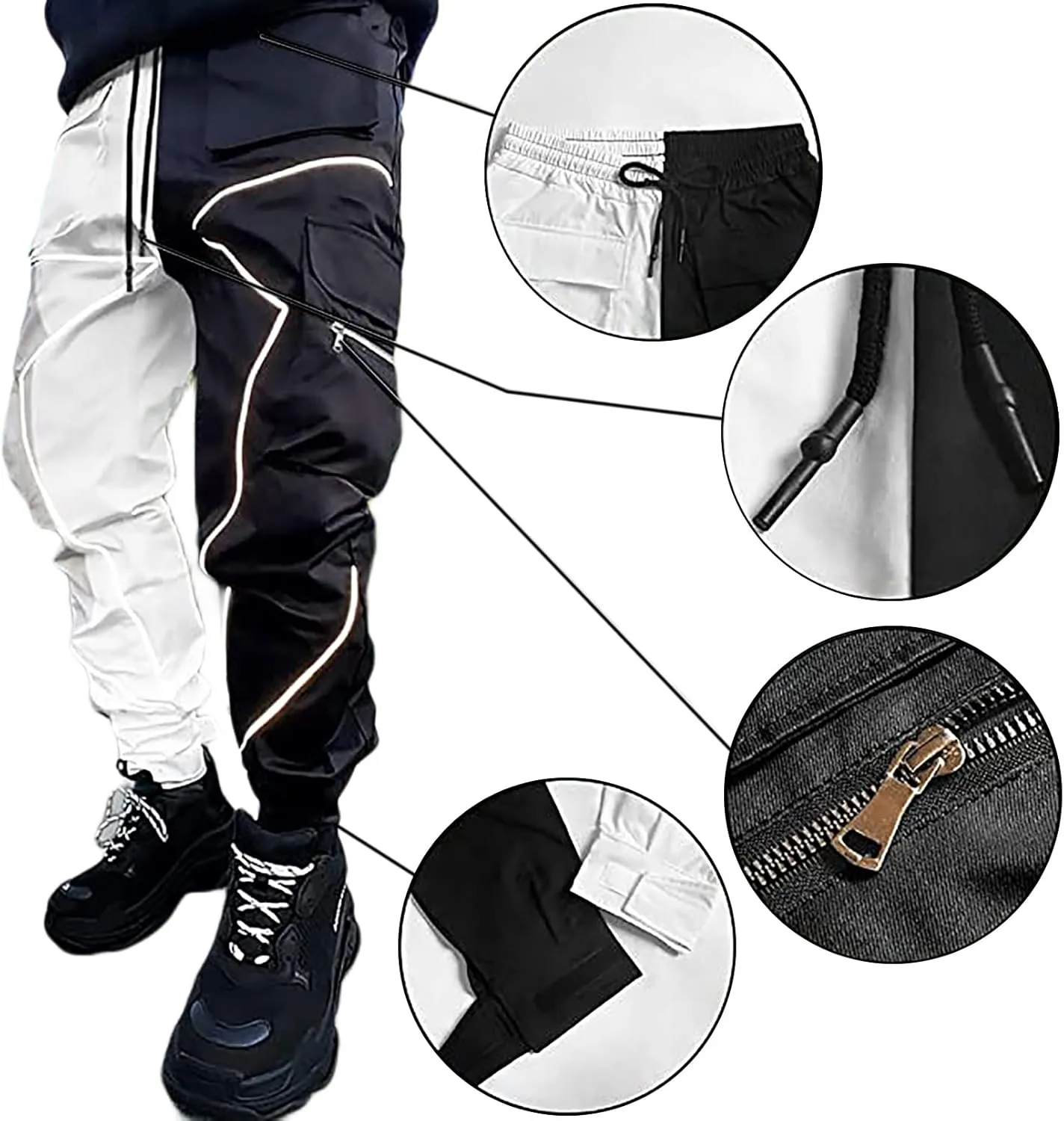BOOMLEMON Men's Cargo Jogger Pants Reflective Technical Hip Hop Harem Pants Punk Streetwear Tactical Track Pants