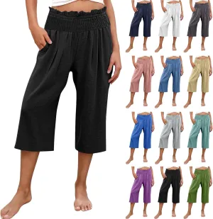 Capri Pants for Women Lightweight Summer High Waisted Wide Leg Palazzo Trousers with Pockets Travel Vacation Outfits