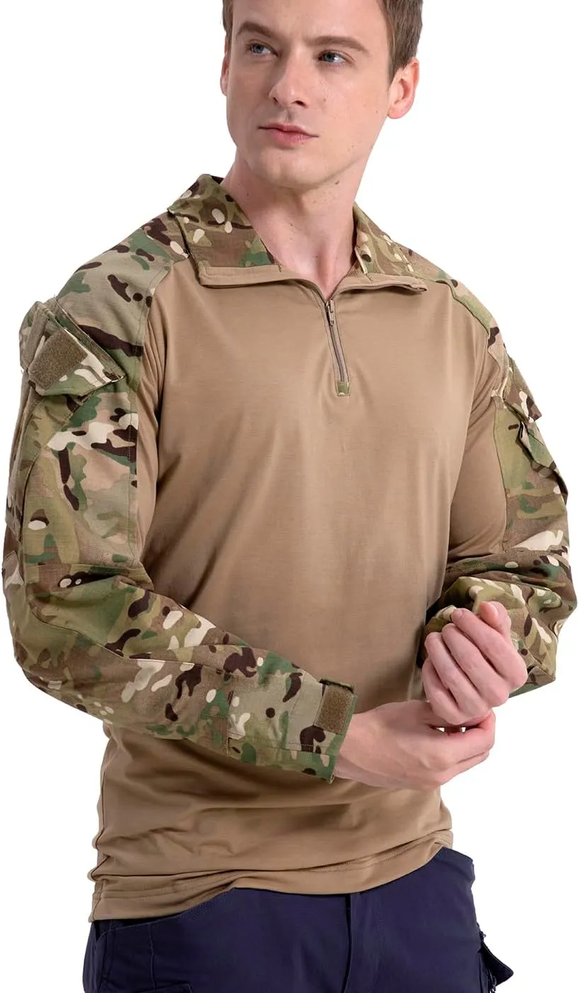 CARWORNIC Men's Tactical Combat Shirt, 1/4 Zipper Long Sleeve Camo Army Military T Shirt