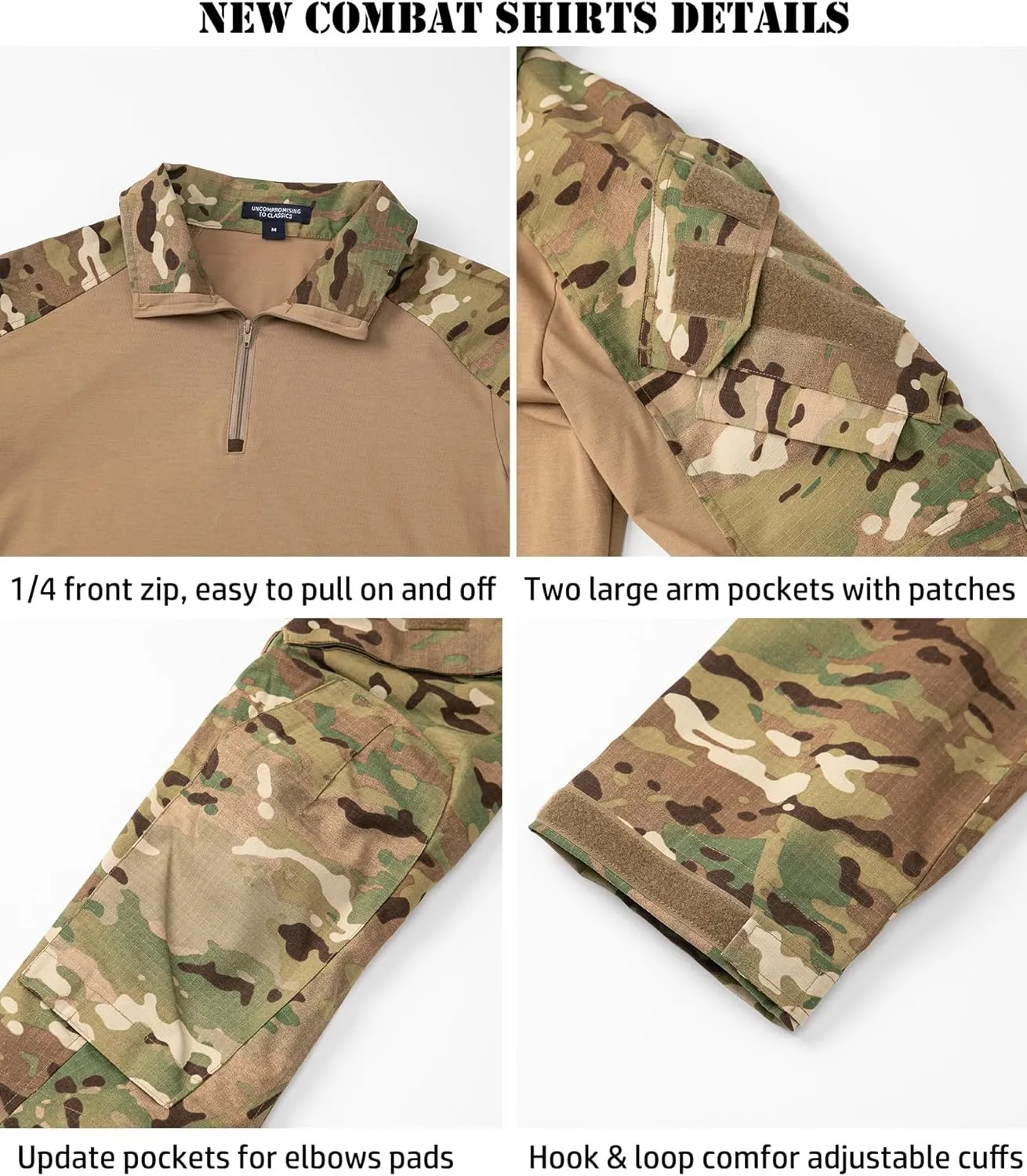CARWORNIC Men's Tactical Combat Shirt, 1/4 Zipper Long Sleeve Camo Army Military T Shirt