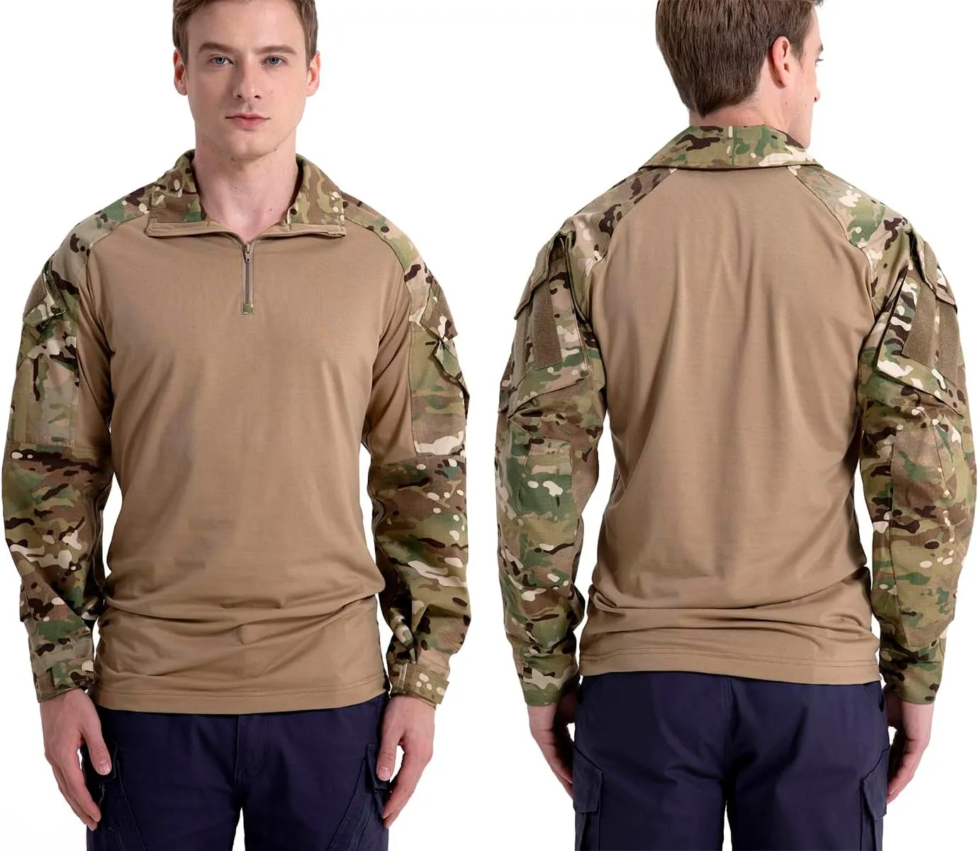 CARWORNIC Men's Tactical Combat Shirt, 1/4 Zipper Long Sleeve Camo Army Military T Shirt