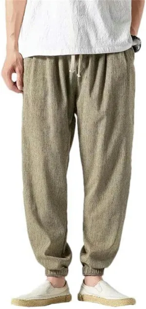 Casual Pants Chinese Style Men's Cotton and Linen Harem Pants Tied Legs Drawstring Elastic Waist Outdoor Sports