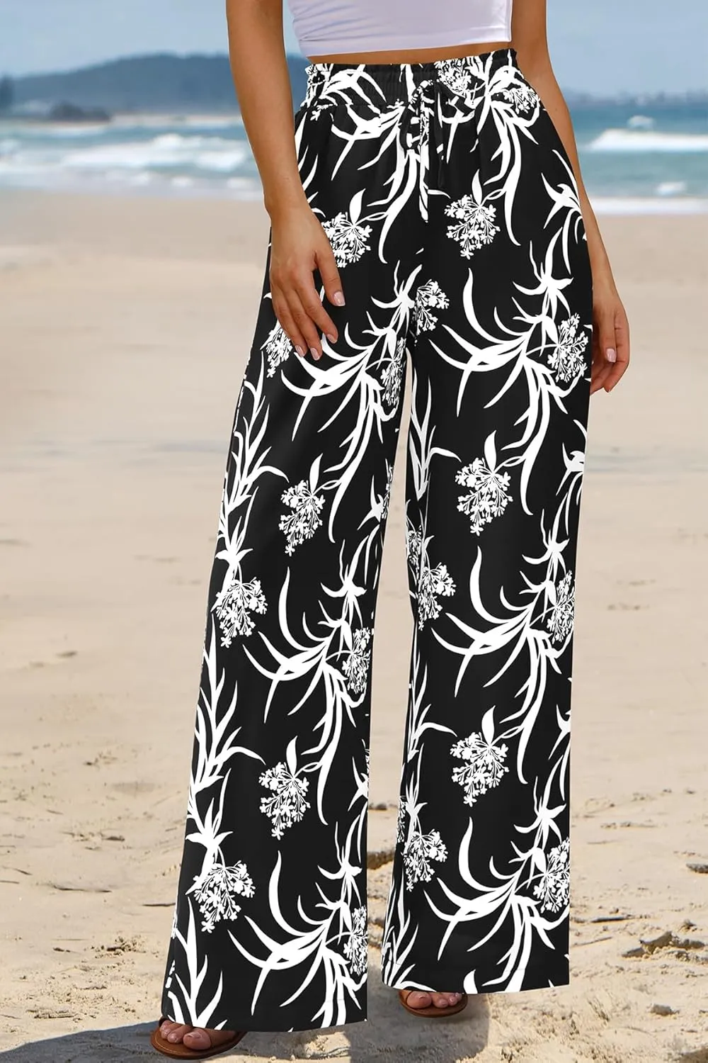 CFLONGE Wide Leg Pants for Women 2025 Casual High Waist Floral Palazzo Pant Flowy Trendy Beach Boho Trousers with Pockets