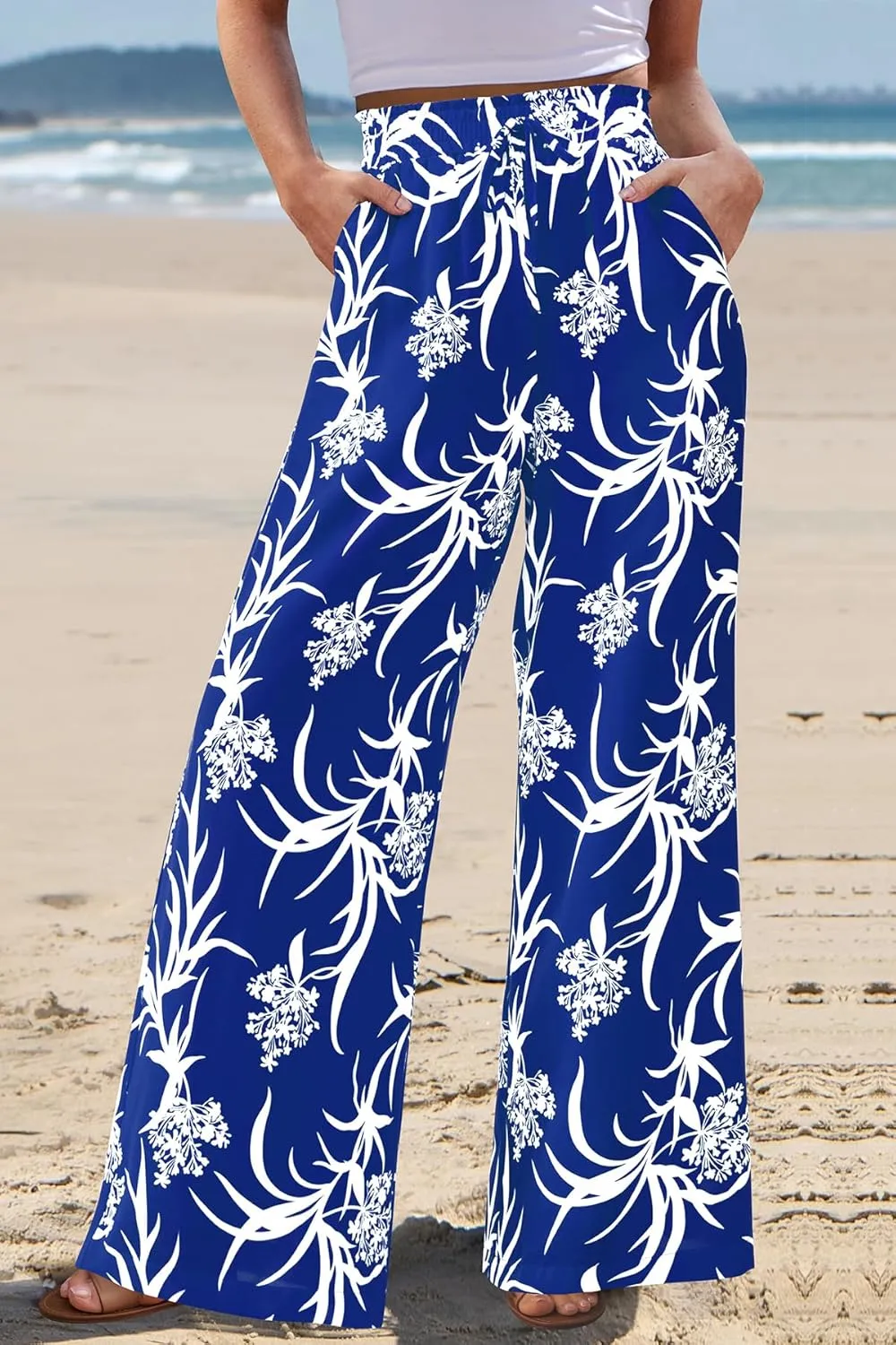CFLONGE Wide Leg Pants for Women 2025 Casual High Waist Floral Palazzo Pant Flowy Trendy Beach Boho Trousers with Pockets