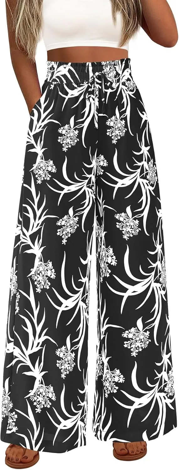 CFLONGE Wide Leg Pants for Women 2025 Casual High Waist Floral Palazzo Pant Flowy Trendy Beach Boho Trousers with Pockets