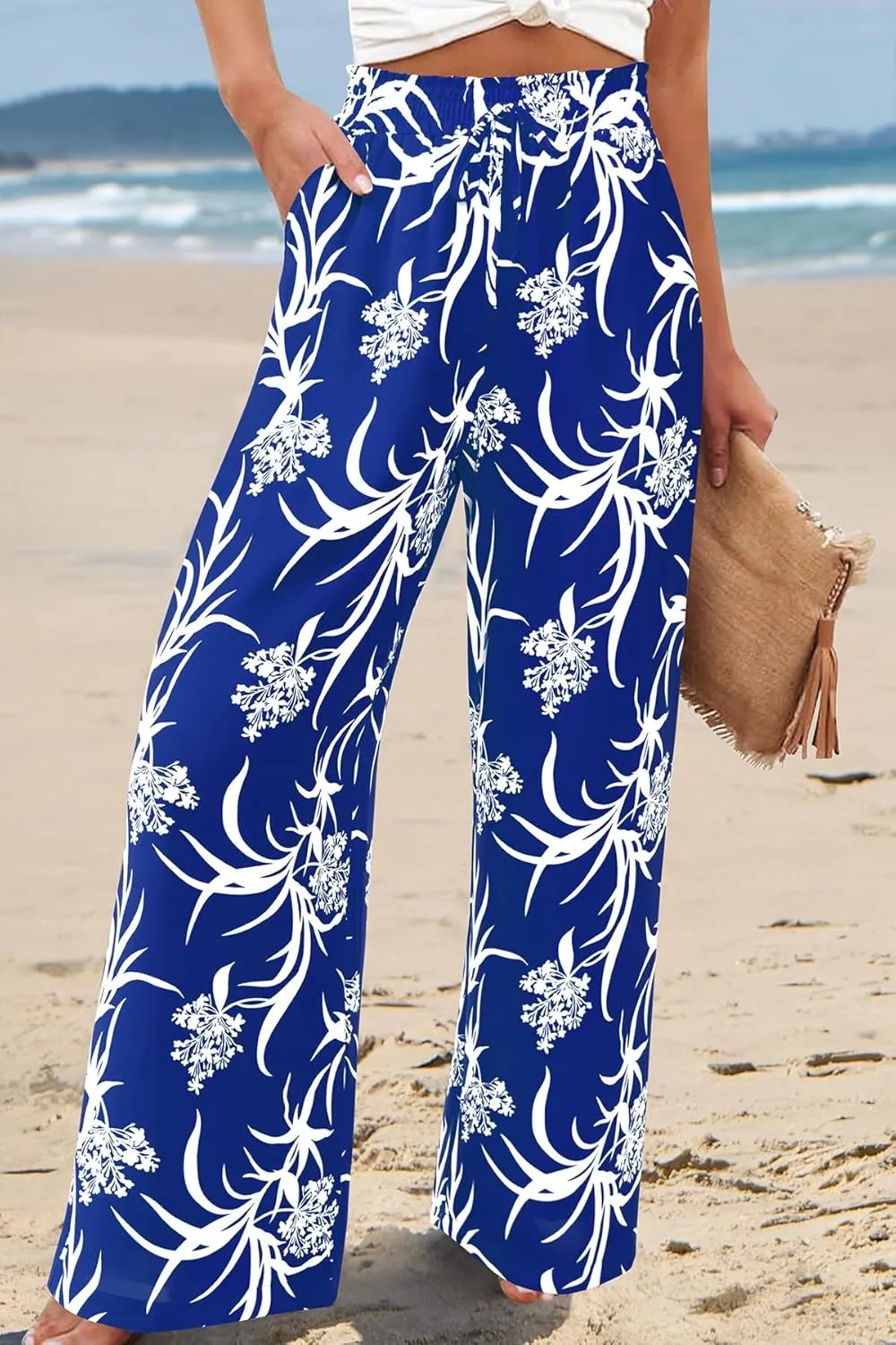 CFLONGE Wide Leg Pants for Women 2025 Casual High Waist Floral Palazzo Pant Flowy Trendy Beach Boho Trousers with Pockets