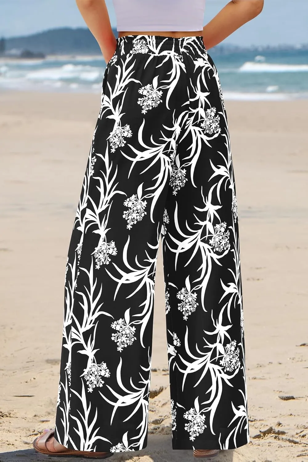 CFLONGE Wide Leg Pants for Women 2025 Casual High Waist Floral Palazzo Pant Flowy Trendy Beach Boho Trousers with Pockets