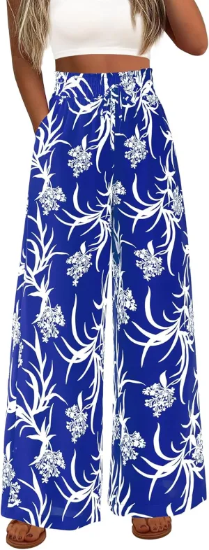 CFLONGE Wide Leg Pants for Women 2025 Casual High Waist Floral Palazzo Pant Flowy Trendy Beach Boho Trousers with Pockets