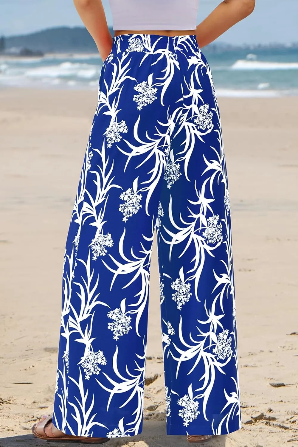 CFLONGE Wide Leg Pants for Women 2025 Casual High Waist Floral Palazzo Pant Flowy Trendy Beach Boho Trousers with Pockets