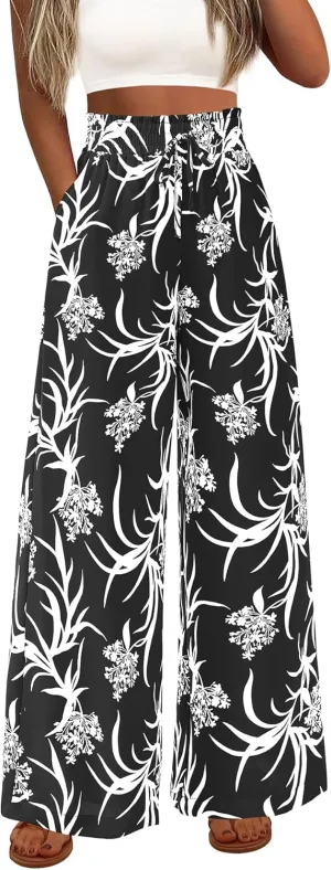 CFLONGE Wide Leg Pants for Women 2025 Casual High Waist Floral Palazzo Pant Flowy Trendy Beach Boho Trousers with Pockets