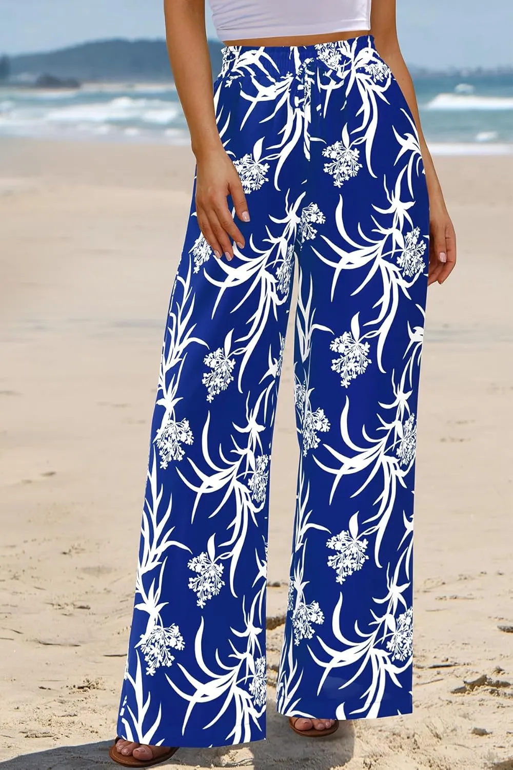 CFLONGE Wide Leg Pants for Women 2025 Casual High Waist Floral Palazzo Pant Flowy Trendy Beach Boho Trousers with Pockets