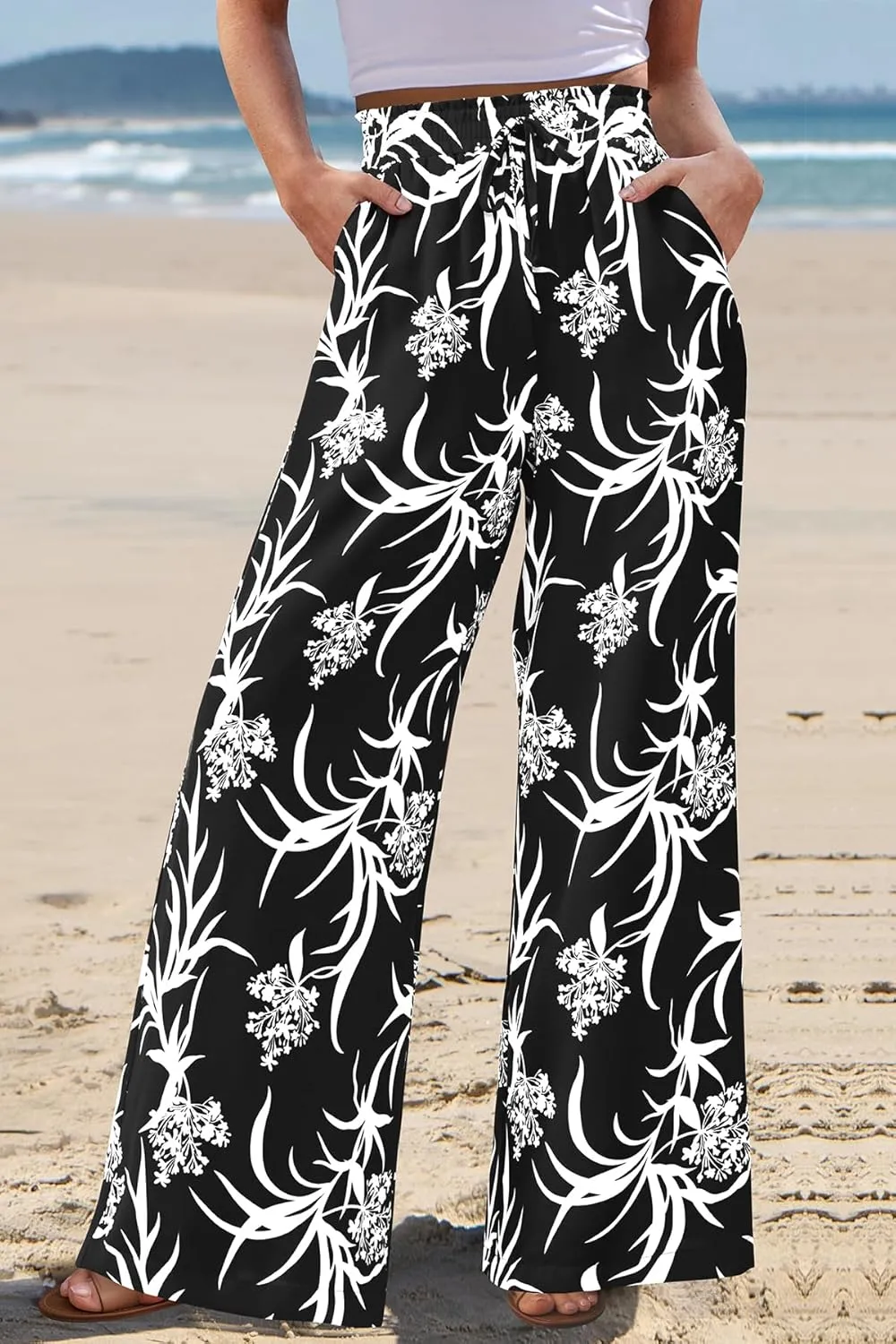 CFLONGE Wide Leg Pants for Women 2025 Casual High Waist Floral Palazzo Pant Flowy Trendy Beach Boho Trousers with Pockets