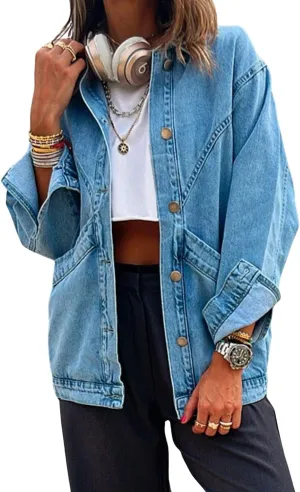 CHARTOU Women Casual Button Down Light Denim Jacket Varsity Long Sleeve Oversized Jean Jacket