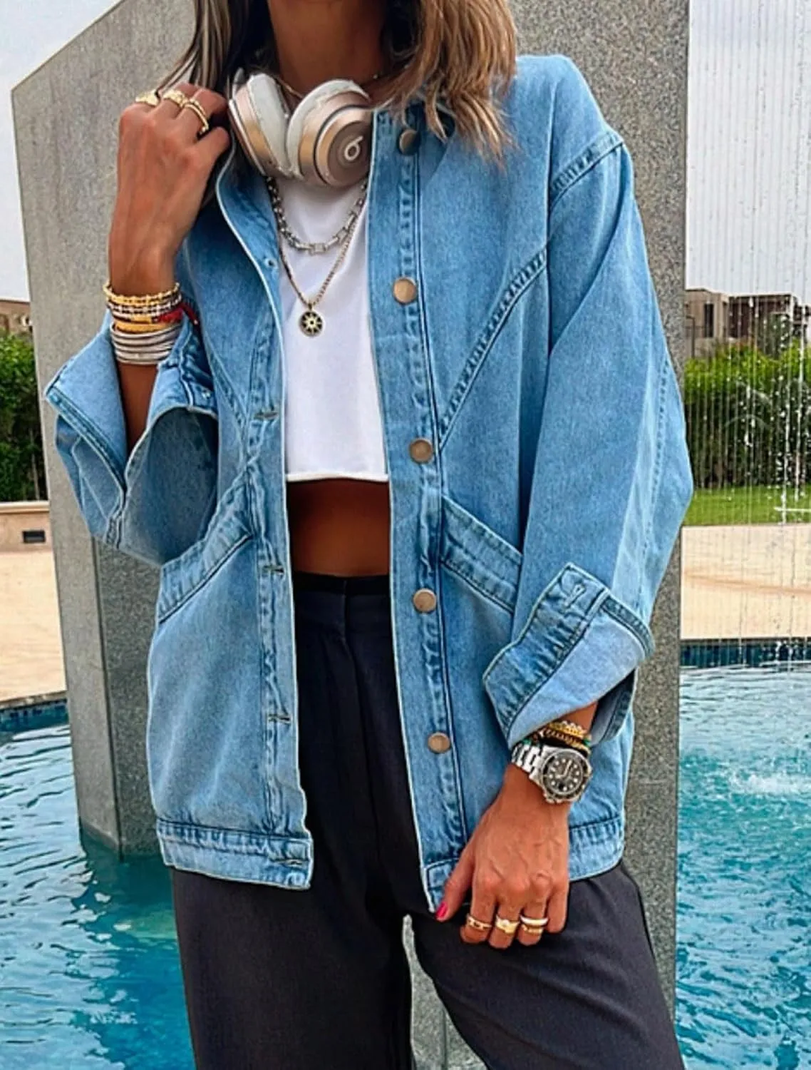 CHARTOU Women Casual Button Down Light Denim Jacket Varsity Long Sleeve Oversized Jean Jacket