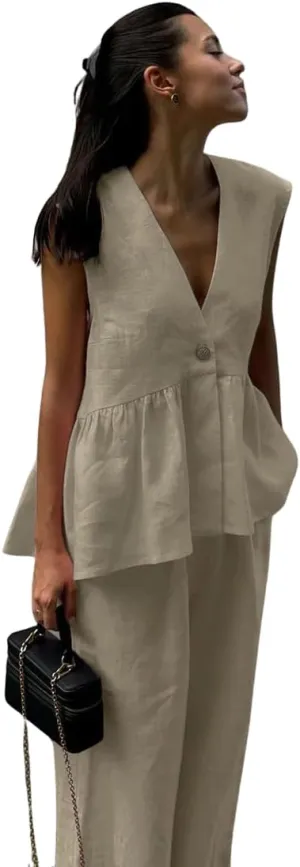 CHARTOU Women's Cotton Pants Sets 2 Piece Outfits V Neck Button Vest Wide Leg Palazzo Casual Work Suits