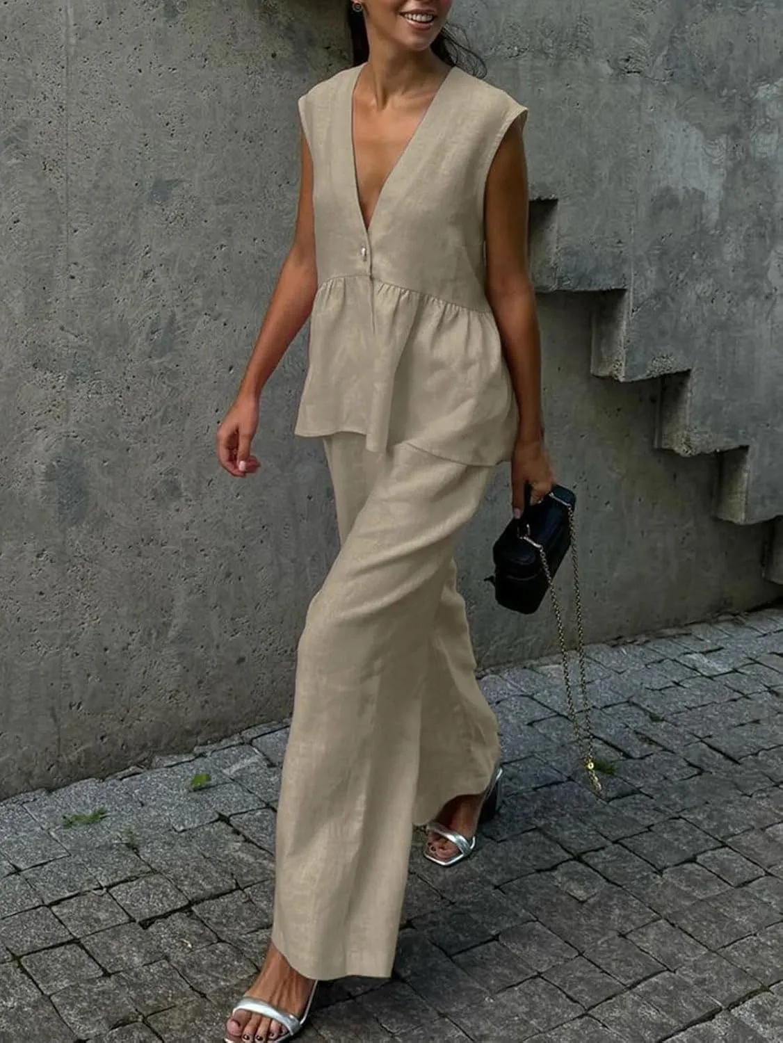 CHARTOU Women's Cotton Pants Sets 2 Piece Outfits V Neck Button Vest Wide Leg Palazzo Casual Work Suits