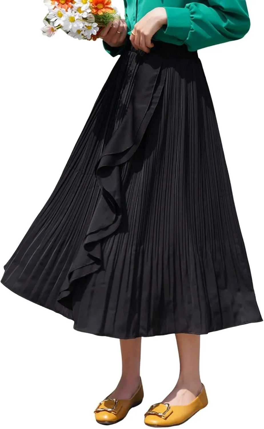 CHARTOU Women's Summer Chiffon Ruffle Frill Pleated Midi Skirt Elastic Waist Flowy A line Skirt