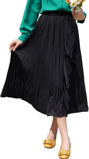 CHARTOU Women's Summer Chiffon Ruffle Frill Pleated Midi Skirt Elastic Waist Flowy A line Skirt