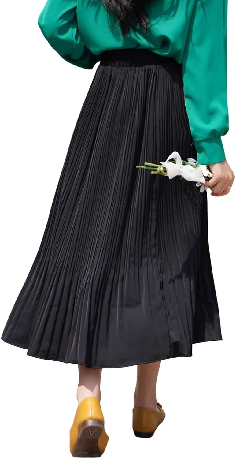 CHARTOU Women's Summer Chiffon Ruffle Frill Pleated Midi Skirt Elastic Waist Flowy A line Skirt