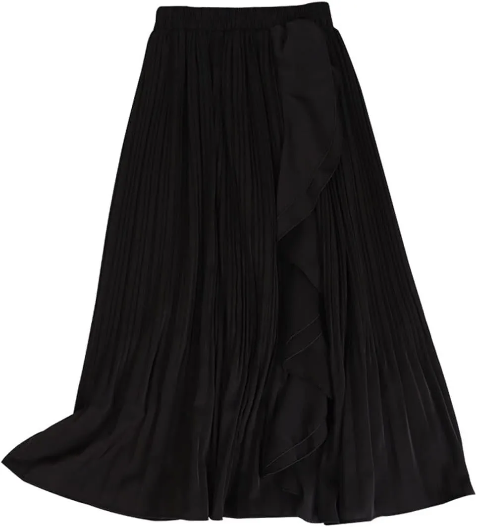 CHARTOU Women's Summer Chiffon Ruffle Frill Pleated Midi Skirt Elastic Waist Flowy A line Skirt