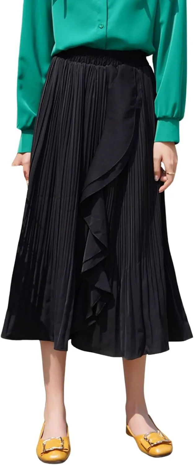 CHARTOU Women's Summer Chiffon Ruffle Frill Pleated Midi Skirt Elastic Waist Flowy A line Skirt