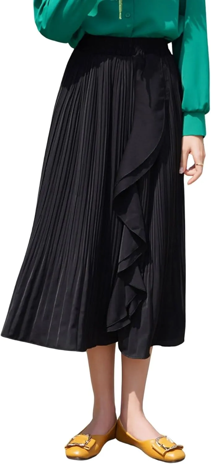 CHARTOU Women's Summer Chiffon Ruffle Frill Pleated Midi Skirt Elastic Waist Flowy A line Skirt