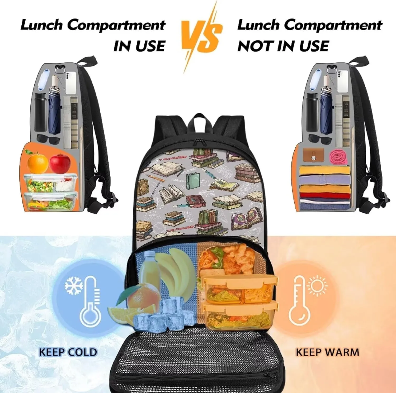Classic Book Kids Cooler Backpack with Lunch Compartment, Backpack with Insulated Warm Bag for Girls Boys School Work, Picnics, Hiking, Camping, Beach, Park or Day Trips