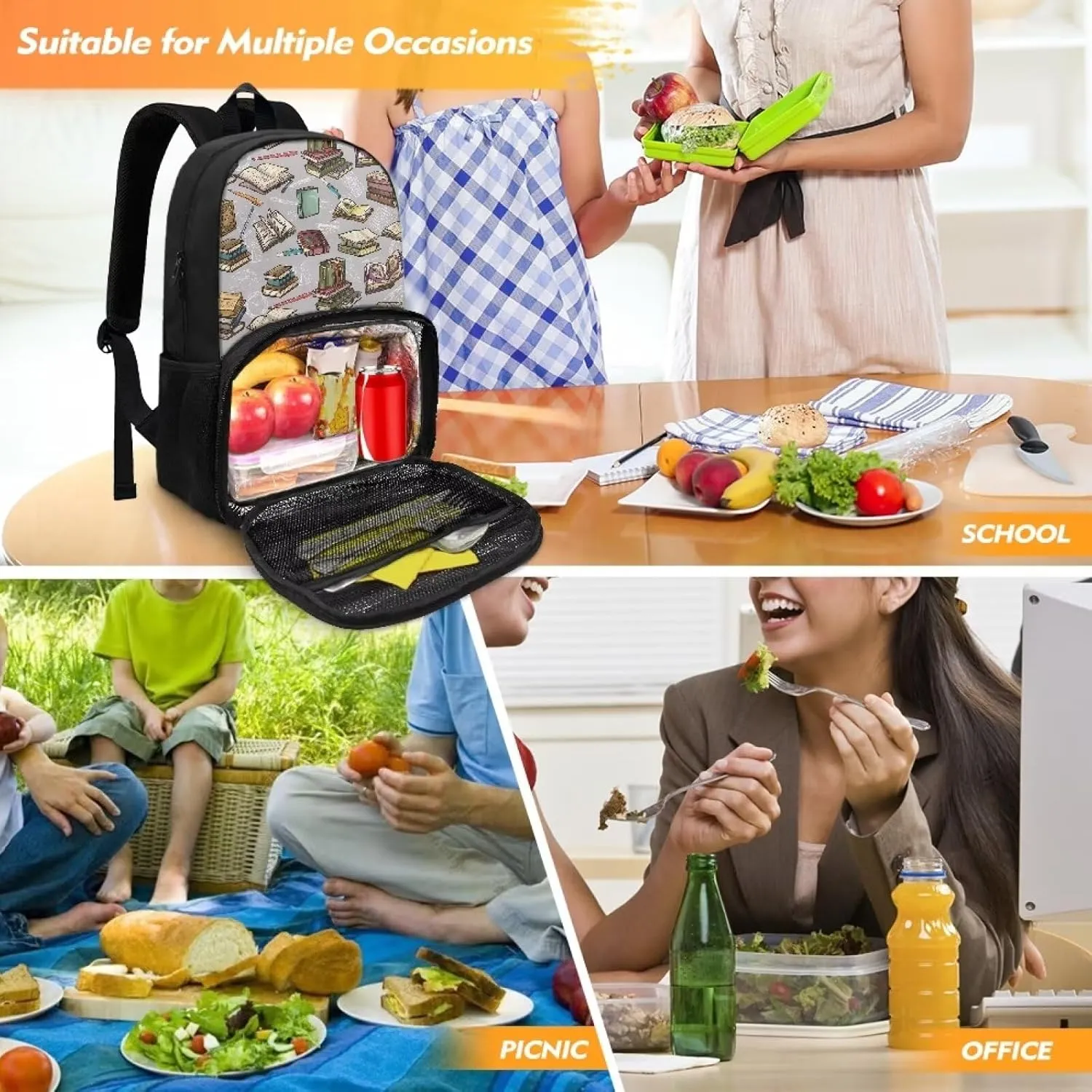 Classic Book Kids Cooler Backpack with Lunch Compartment, Backpack with Insulated Warm Bag for Girls Boys School Work, Picnics, Hiking, Camping, Beach, Park or Day Trips