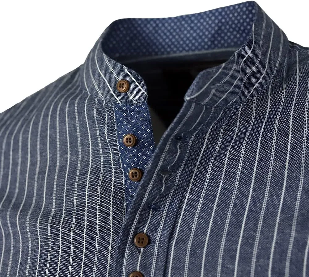 Collarless Shirt for Men, Irish Grandfather Cotton Linen Long Sleeve Button Down Banded Collar Dress Shirt