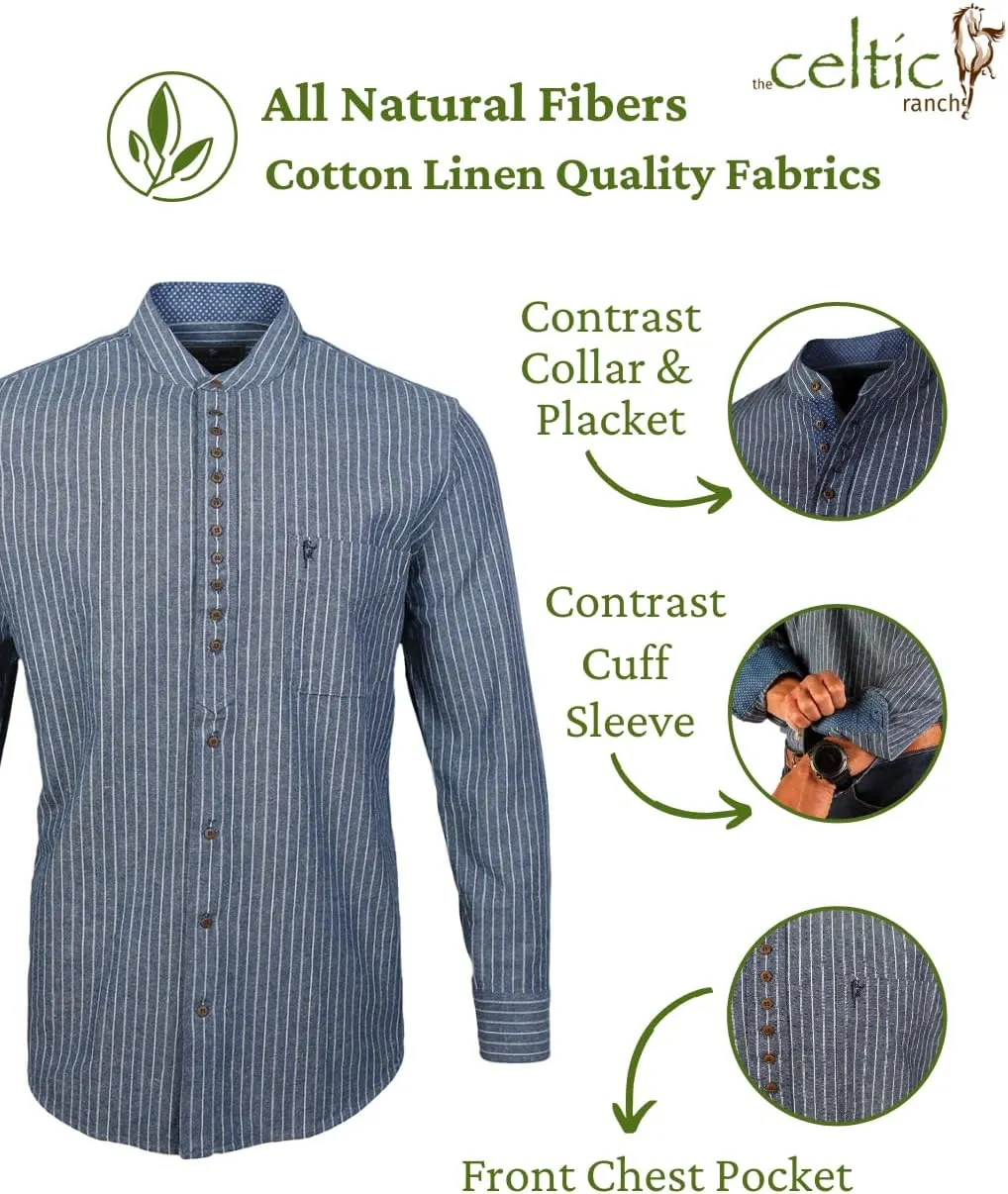 Collarless Shirt for Men, Irish Grandfather Cotton Linen Long Sleeve Button Down Banded Collar Dress Shirt