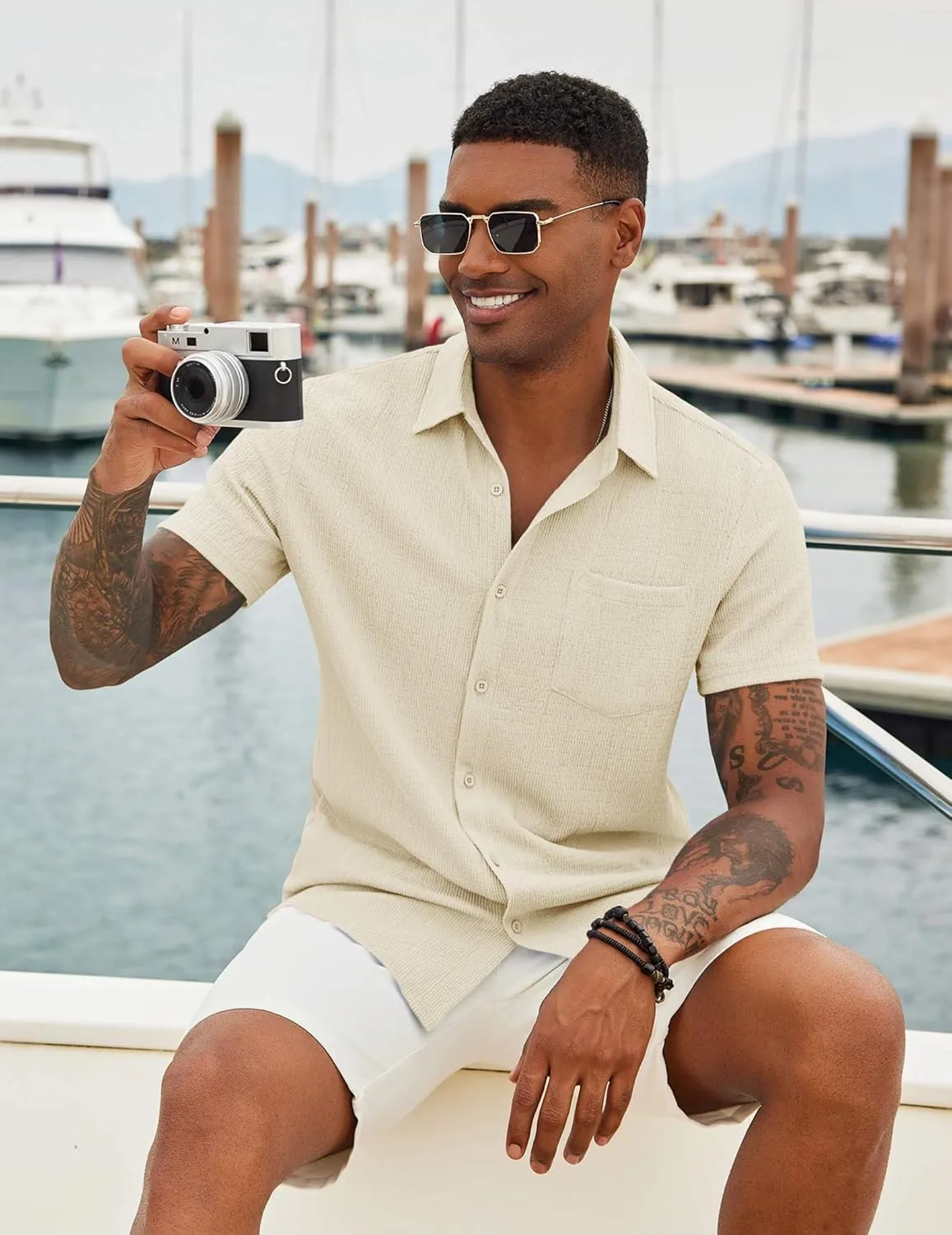 COOFANDY Mens Casual Button Down Shirt Short Sleeve Textured Shirt Summer Beach Vacation Shirts with Pocket