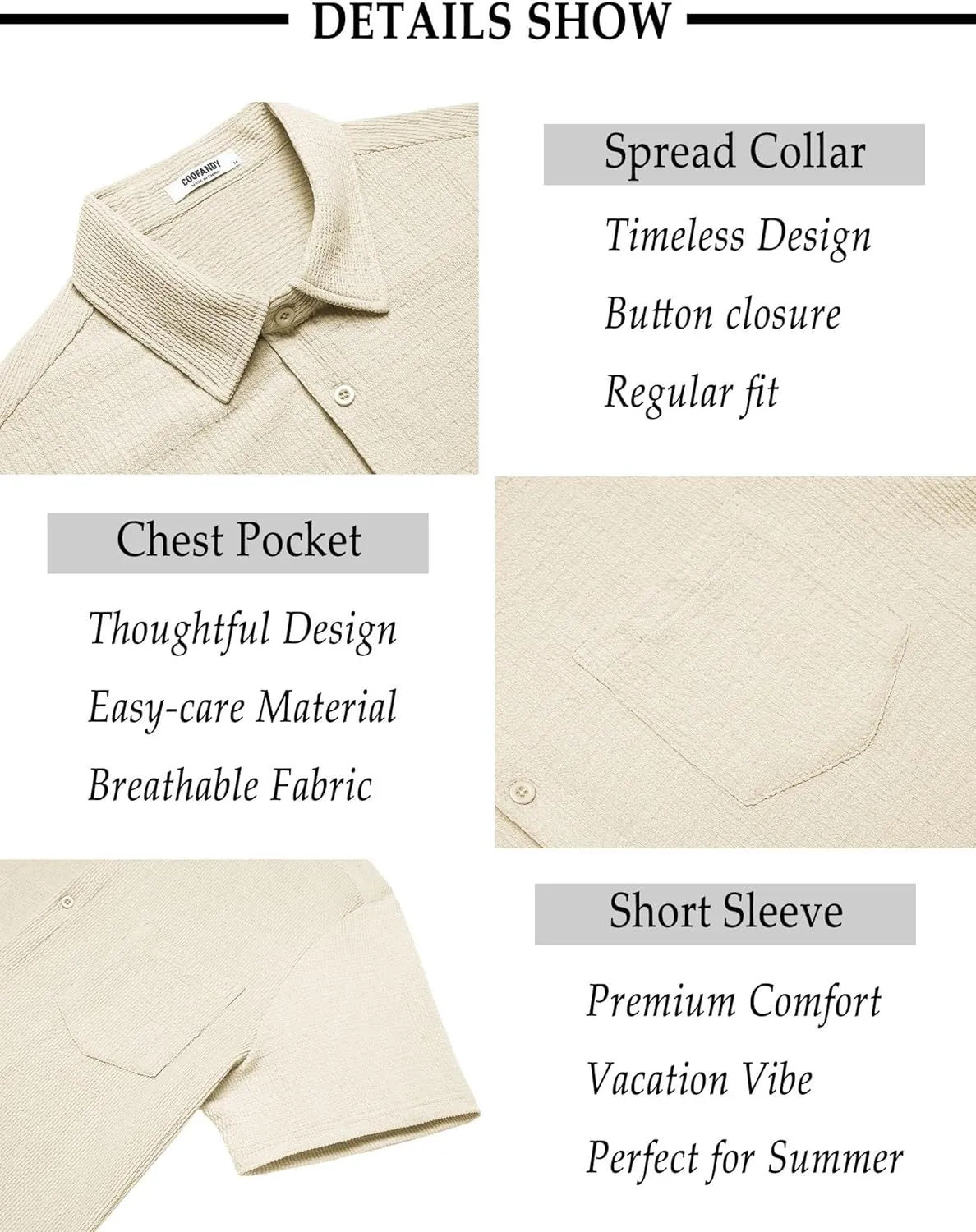 COOFANDY Mens Casual Button Down Shirt Short Sleeve Textured Shirt Summer Beach Vacation Shirts with Pocket