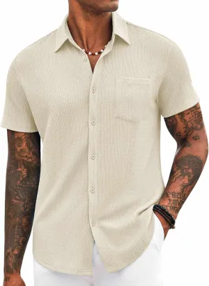 COOFANDY Mens Casual Button Down Shirt Short Sleeve Textured Shirt Summer Beach Vacation Shirts with Pocket