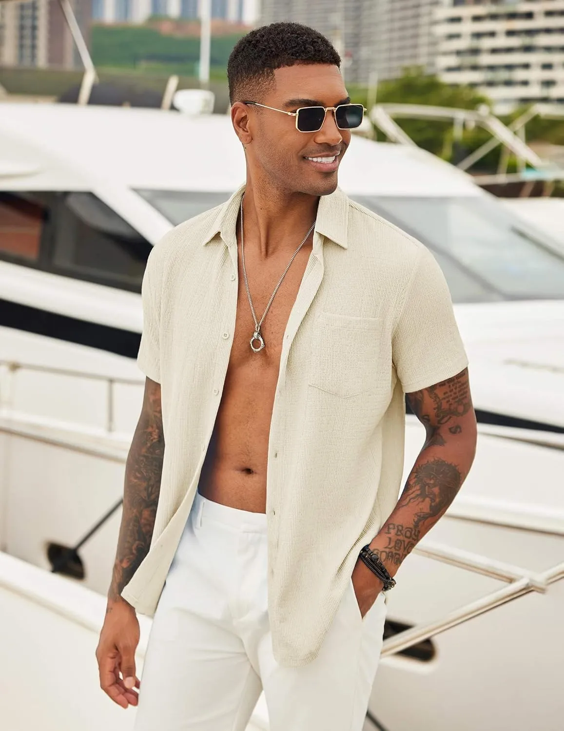 COOFANDY Mens Casual Button Down Shirt Short Sleeve Textured Shirt Summer Beach Vacation Shirts with Pocket