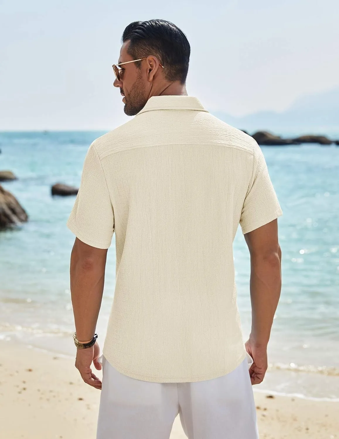 COOFANDY Mens Casual Button Down Shirt Short Sleeve Textured Shirt Summer Beach Vacation Shirts with Pocket