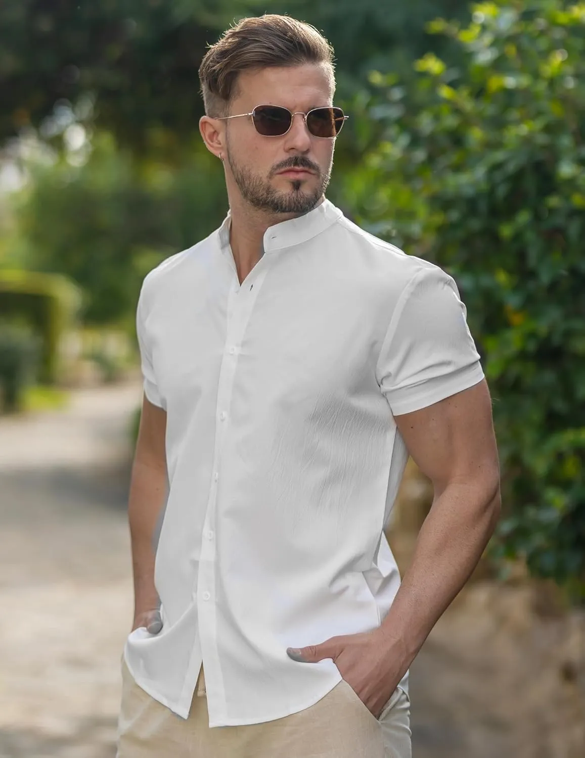 COOFANDY Men's Casual Button Down Short Sleeve Shirt Band Collar Shirts Textured Beach Summer Shirt