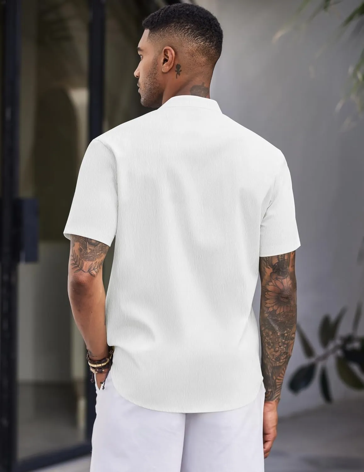 COOFANDY Men's Casual Button Down Short Sleeve Shirt Band Collar Shirts Textured Beach Summer Shirt