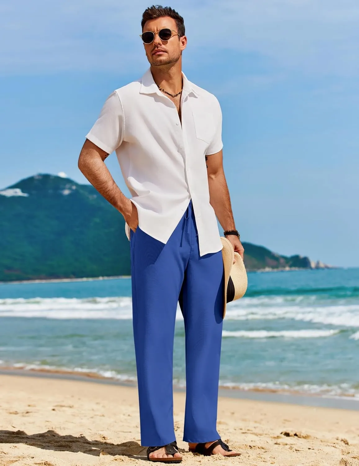 COOFANDY Men's Casual Linen Pants Loose Fit Elastic Waist Drawstring Lightweight Pant Summer Beach Trousers