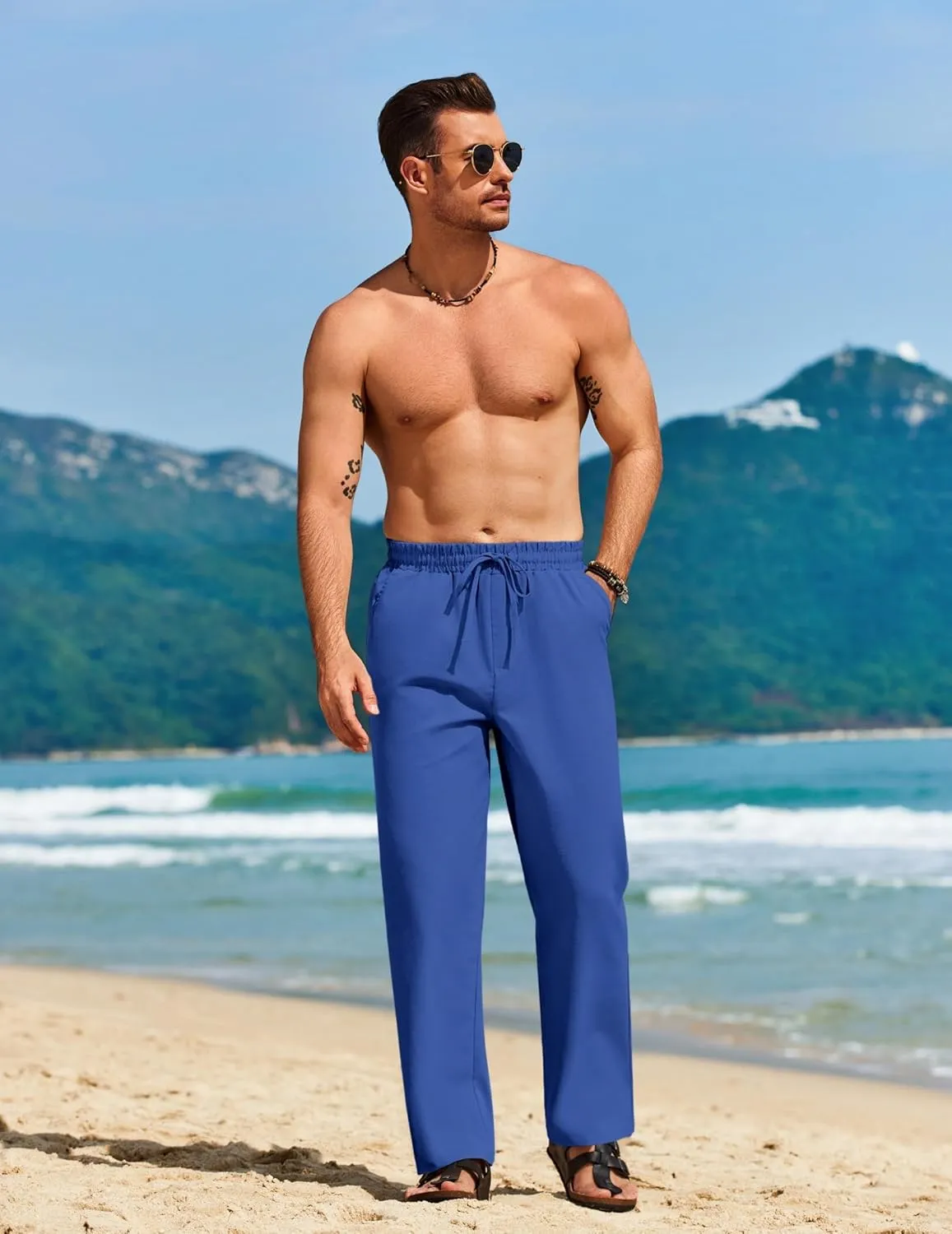 COOFANDY Men's Casual Linen Pants Loose Fit Elastic Waist Drawstring Lightweight Pant Summer Beach Trousers