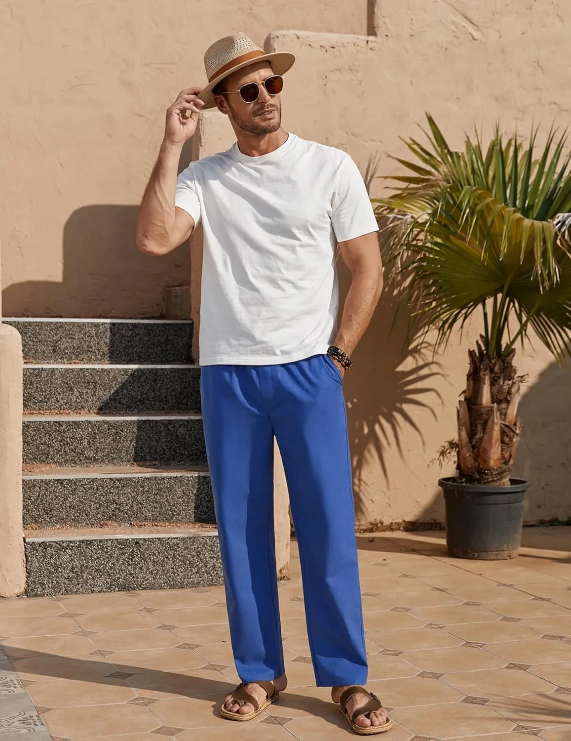 COOFANDY Men's Casual Linen Pants Loose Fit Elastic Waist Drawstring Lightweight Pant Summer Beach Trousers