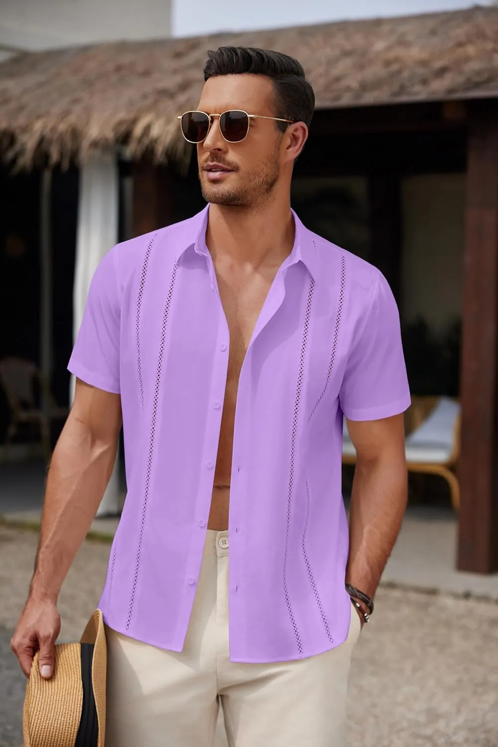 COOFANDY Men's Cuban Guayabera Shirt Summer Beach Vacation Shirt Casual Short Sleeve Button Down Resort Wear