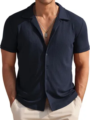 COOFANDY Mens Knit Button Down Shirt Short Sleeve Button Up Shirt Summer Casual Beach Tops