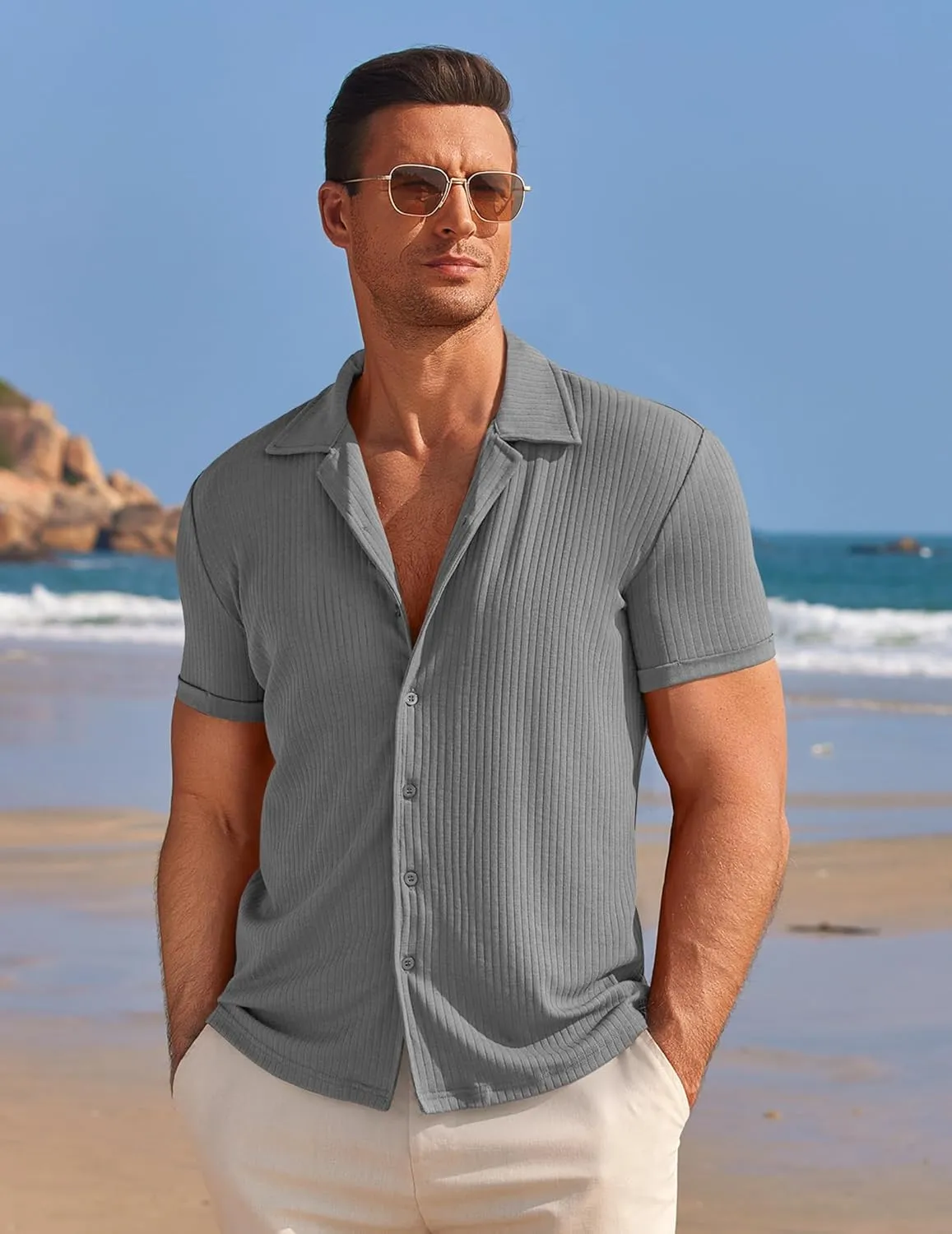 COOFANDY Mens Knit Button Down Shirt Short Sleeve Button Up Shirt Summer Casual Beach Tops
