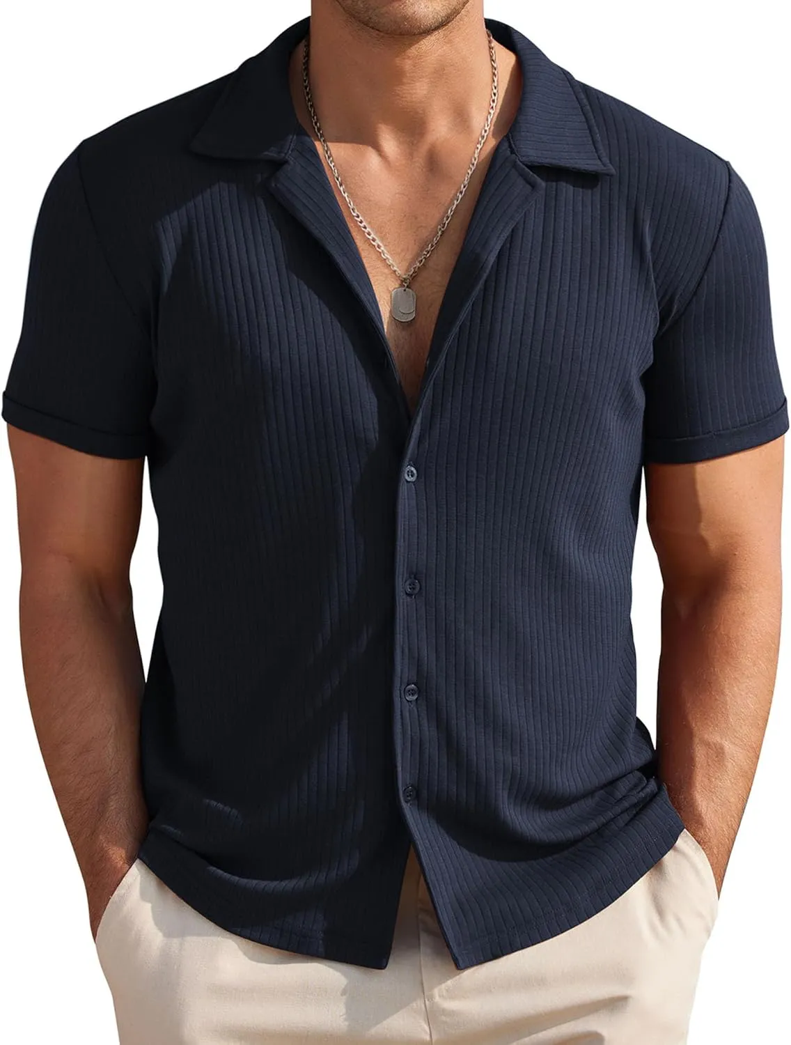 COOFANDY Mens Knit Button Down Shirt Short Sleeve Button Up Shirt Summer Casual Beach Tops