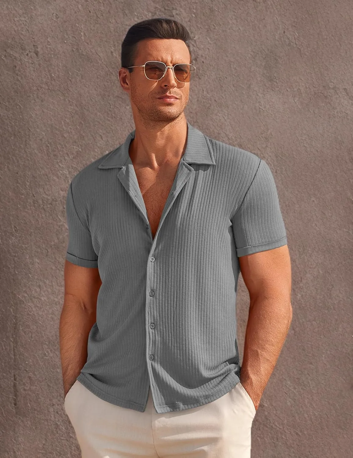COOFANDY Mens Knit Button Down Shirt Short Sleeve Button Up Shirt Summer Casual Beach Tops