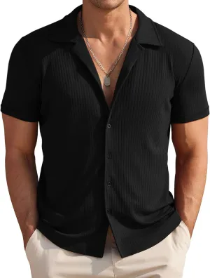 COOFANDY Mens Knit Button Down Shirt Short Sleeve Button Up Shirt Summer Casual Beach Tops